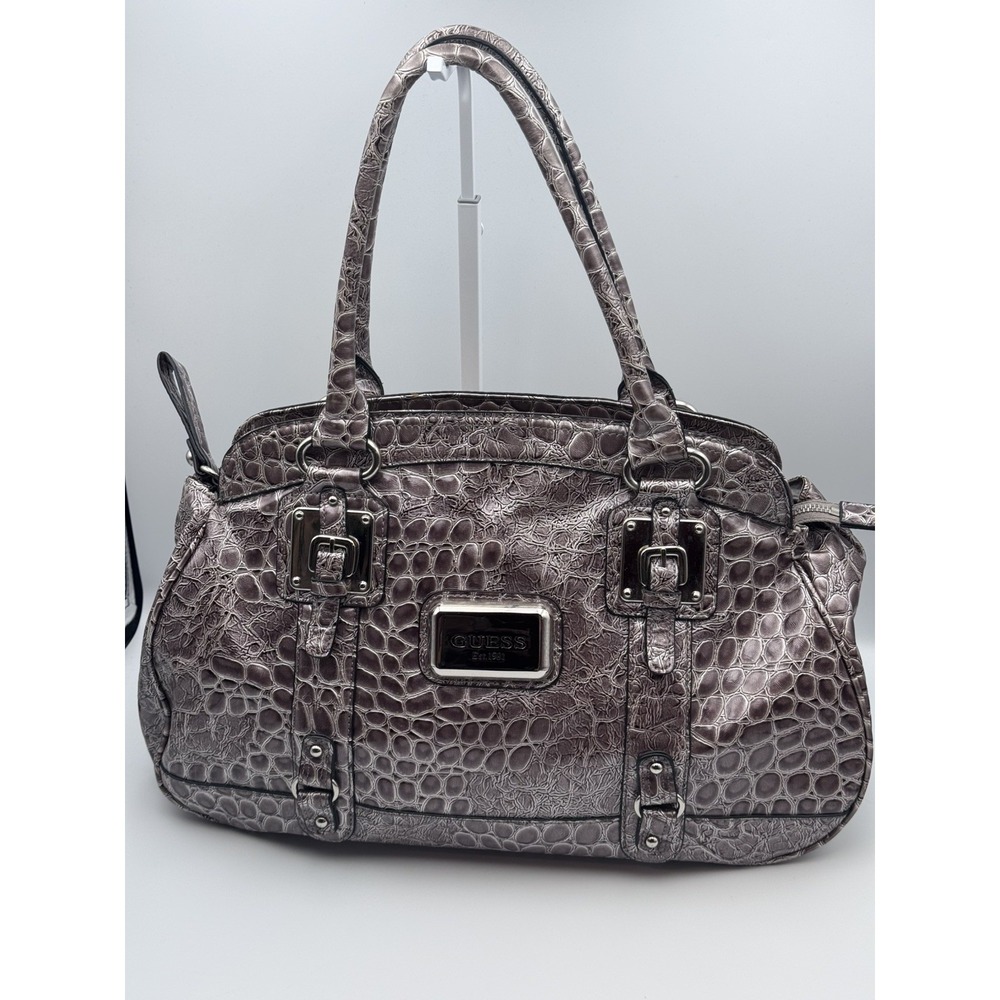 Vintage Y2K Guess Metallic Pewter Faux Croc Embossed Shoulder Bag w/ Silver HW